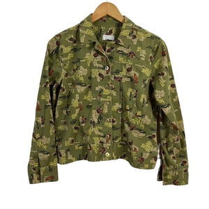 Christopher & Banks Olive Green Shacket Woman Tree Novelty All Over Print Medium